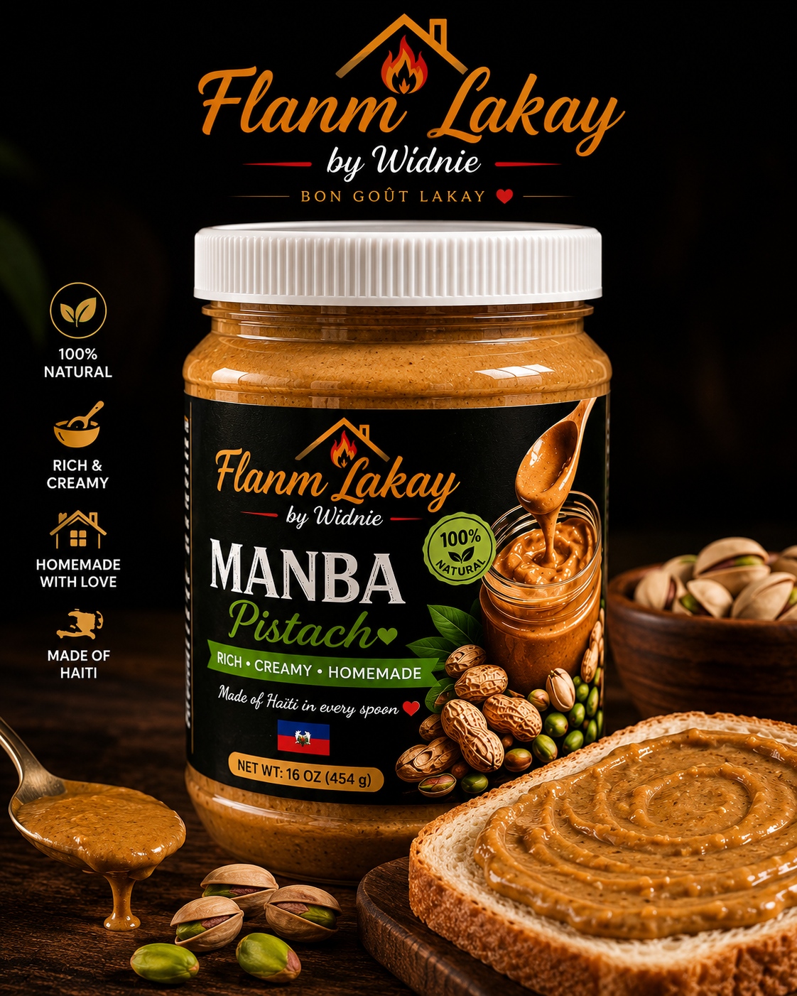 🌶🔥Flanm lakay by  Widnie manba  pistach 16 oz,473 ml🥜