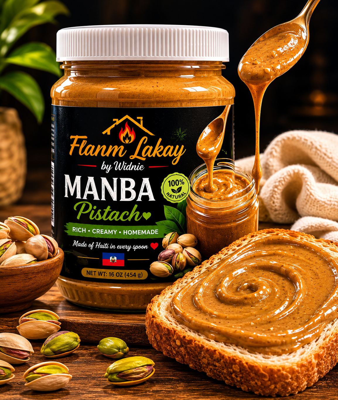 🌶🔥Flanm lakay by  Widnie manba  pistach 16 oz,473 ml🥜